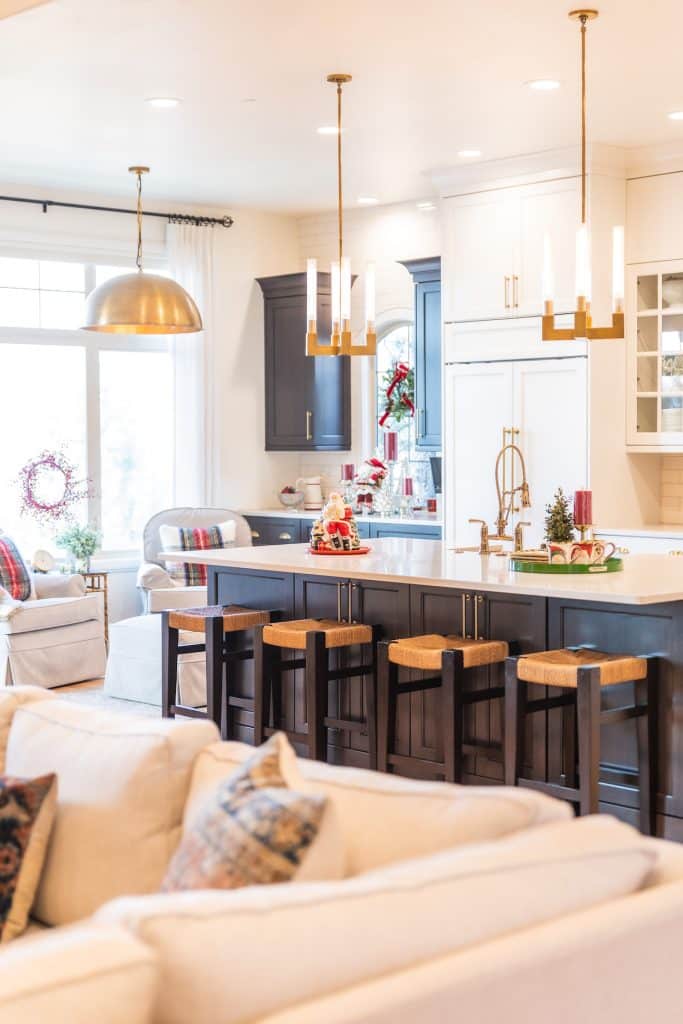 modern kitchen with center island and white countertop and cabinets